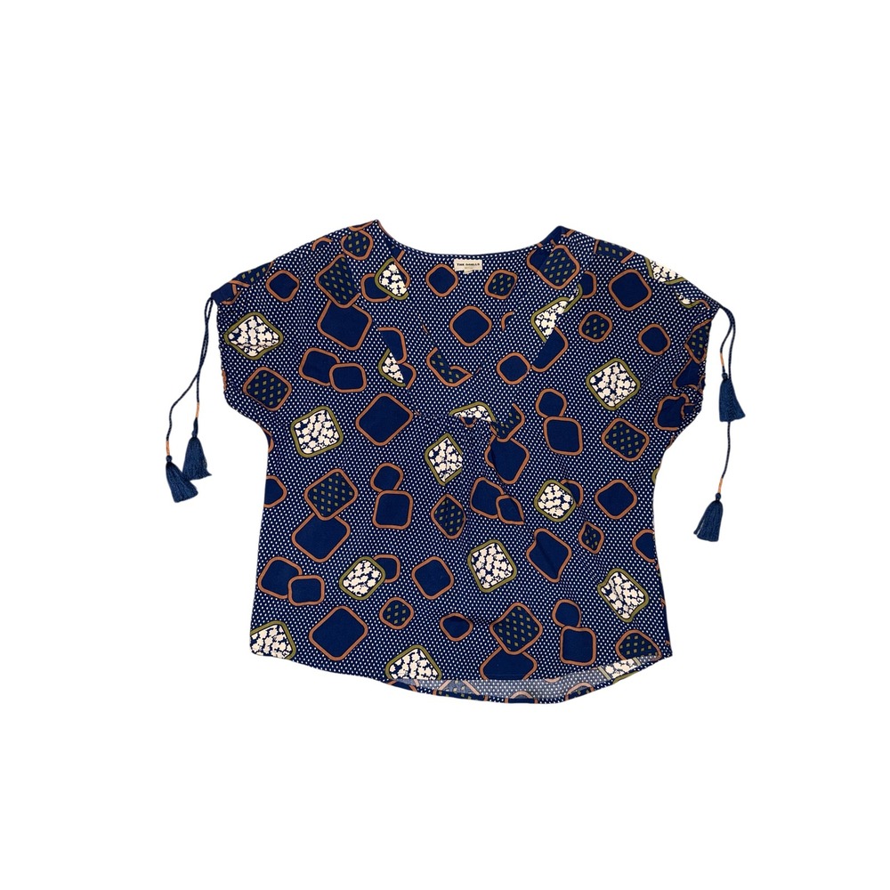The Odells Blouse Women Small Navy Blue Tassel Shoulder Boho Geometric Print